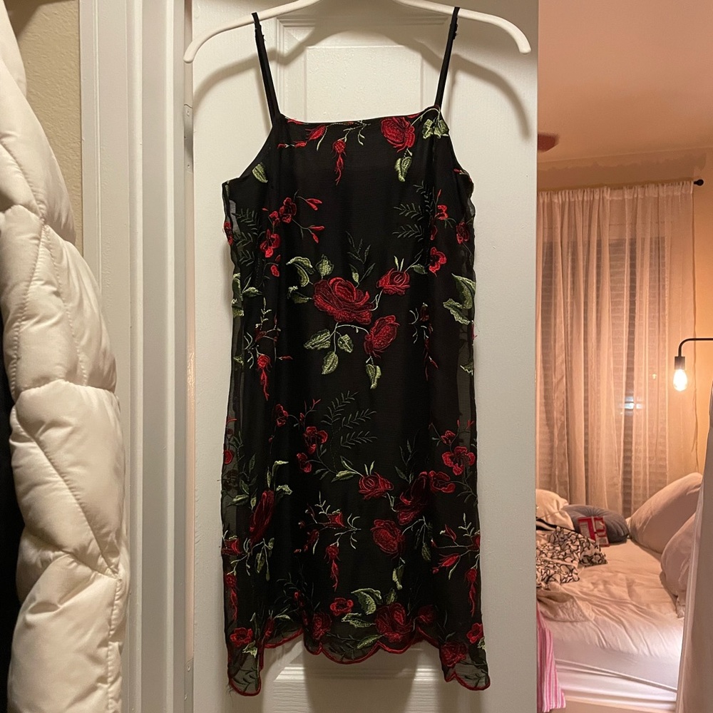 Show Me Your Mumu embroidered slip dress black floral rose mini dress like new